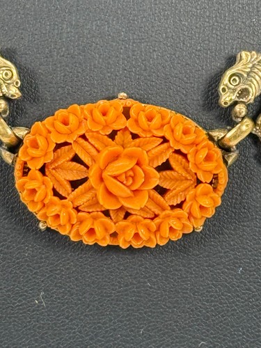 VTG Coro Necklace Dragons Serpents Orange Carved Celluid Flowers Gold Tone MCM - Picture 4 of 10