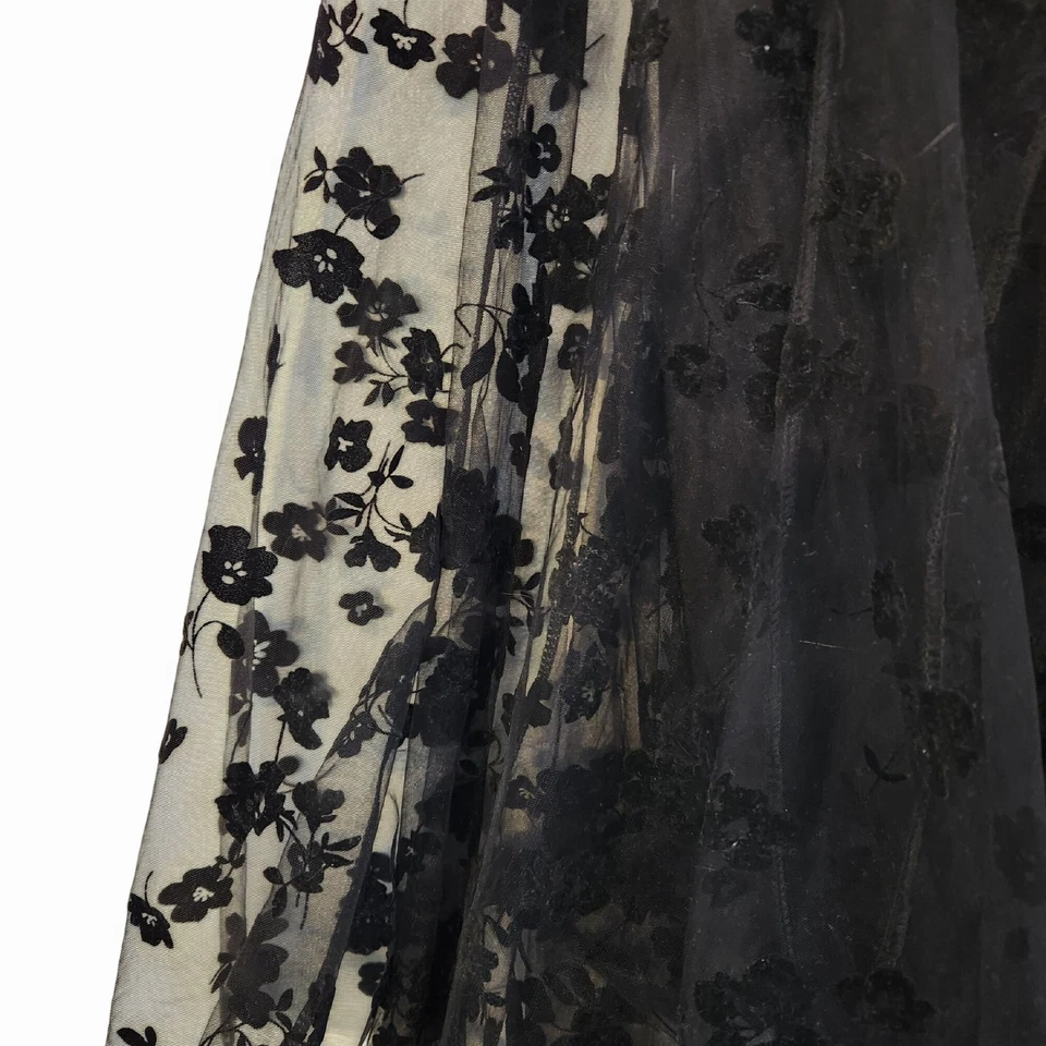 Saia de tule vintage bordada de couro sintético flores sobreposição Maxi lagenlook gótico 90 - Imagem 3 de 4