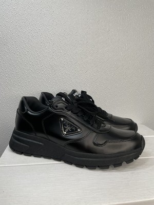 Prada Prax 1 Mens US 8 EU 42 Black Calf Leather Lace Up Logo Casual Sneakers