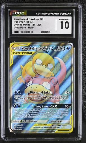 CGC 10 GEM MINT Slowpoke & Psyduck GX Unified Minds 217/236 Pokemon Card