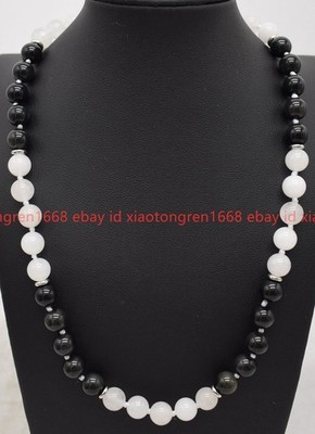  Natural 8mm Black Obsidian White Jade Gemstone Round Beads Necklace 16-36in
