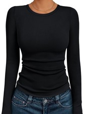 Womens Long Sleeve Shirts Tops Blouses Fall Fashion Ribbed Knit Casual Tshirt...