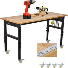Adjustable Garage Workbench, 60x24 Rubber Wood Top Heavy-Duty with Power Outlets