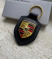 Porsche Leather Crest Key Fob Chain Black OEM WAP0500950E Collector Gift Box