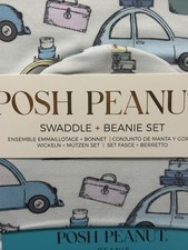 NEW Bamboo Swaddle And Beanie Set Posh Peanut NB Baby Girl Vacation Travel Print