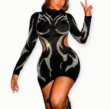 Women's Stand Collar Rhinestone Decor Cutout Bodycon Dress Medium NEW FREE P&P 