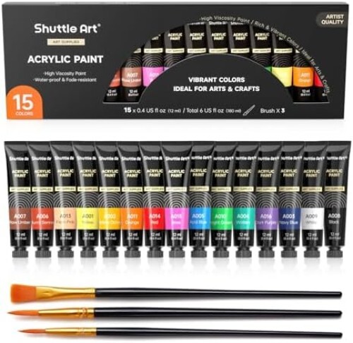 Acrylic Paint Set 15 X 12Ml Tubes Artist Quality Non Toxic Rich Pigments Colors