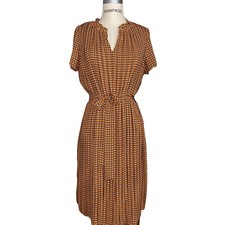 T Tahari women's orange geometric printed short sleeve belted dress sz small