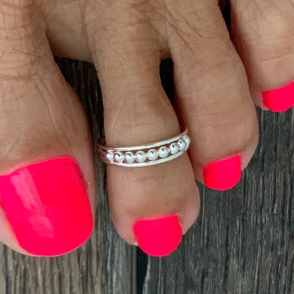 Solid Metal 925 Silver Women's Beaded Adjustable Toe Ring 14k White Gold Plated