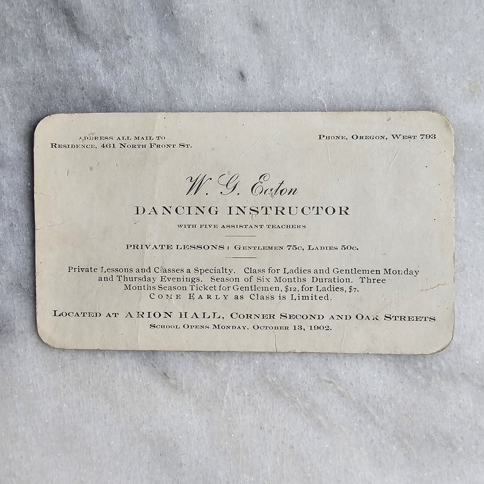 1902 Dancing Instructor Business Card Portland Oregon Arion Hall Dance