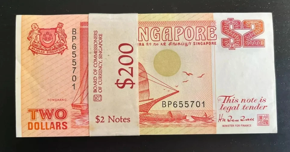 SINGAPORE 2 DOLLAR P-27 1990 X 100 LOT BUNDLE BOAT LION CHINGAY UNC MONEY NOTE - Image 4 of 4