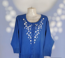 Women's Floral Knit Cardigan Button Long Sleeve 3D Flowers Slight FLAW Sz Large