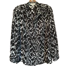 H by Halston Blouse Women's Size Small Button B&W Career Professional Abstract