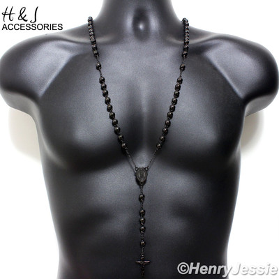 30''+5''MEN Stainless Steel 8mm Black/Silver/Gold Plated Beads Rosary Necklace