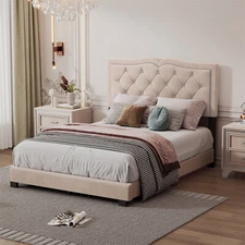 Full/Queen Size Bed Frame Velvet Upholstered Platform Bed with Headboard Beige