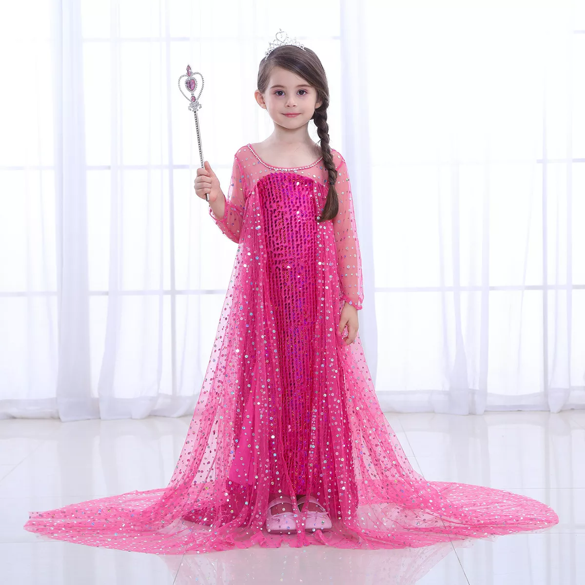 Childrens Kids Girls Ice Snow Queen Elsa Hot Pink Halloween Costume Dress Gown