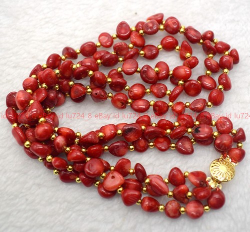 3 Rows Genuine 8x10mm Natural Irregular South Sea Red Coral Beads Necklace18-20" - Picture 12 of 12