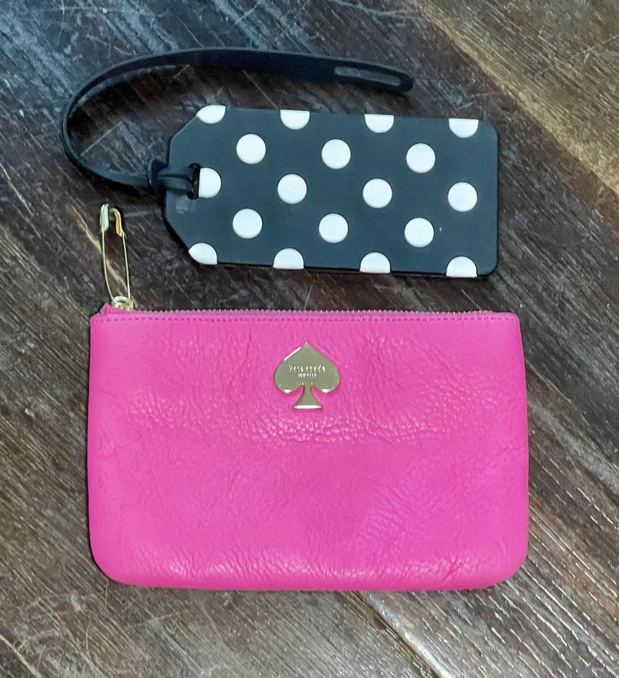 Bolsa y etiqueta de equipaje Kate Spade rosa sónico lunares negros/blancos dorados HW Foto 3 de 4