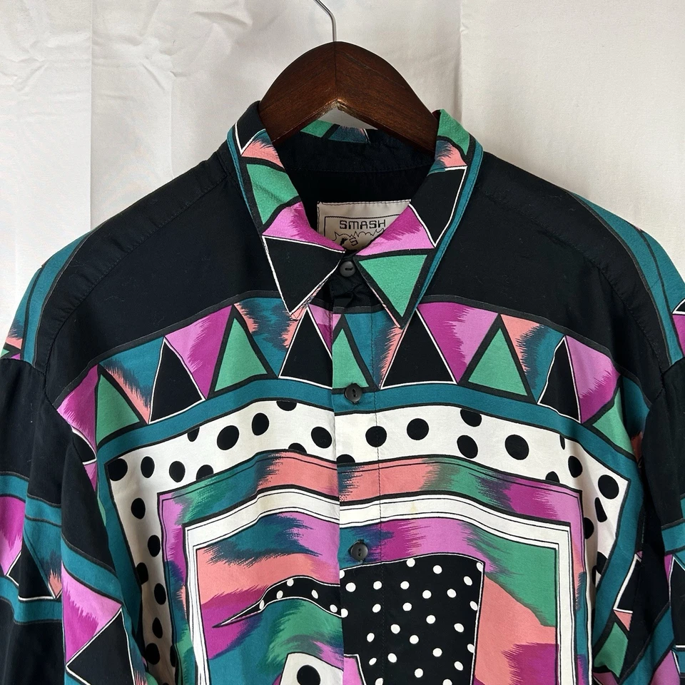 Vintage 80s 90s SMASH Long Sleeve Button Up Men’s Large Abstract Colorful Thin - Image 2 of 4