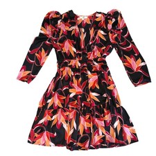 Entro Tropical Ruffled Mini Dress Black Pink Orange Puff Sleeve V-Neck Tiered S