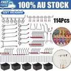 114PCS Pegboard Hooks Set Peg Board Hanger Organzier Kit Bins Part Storage Tool