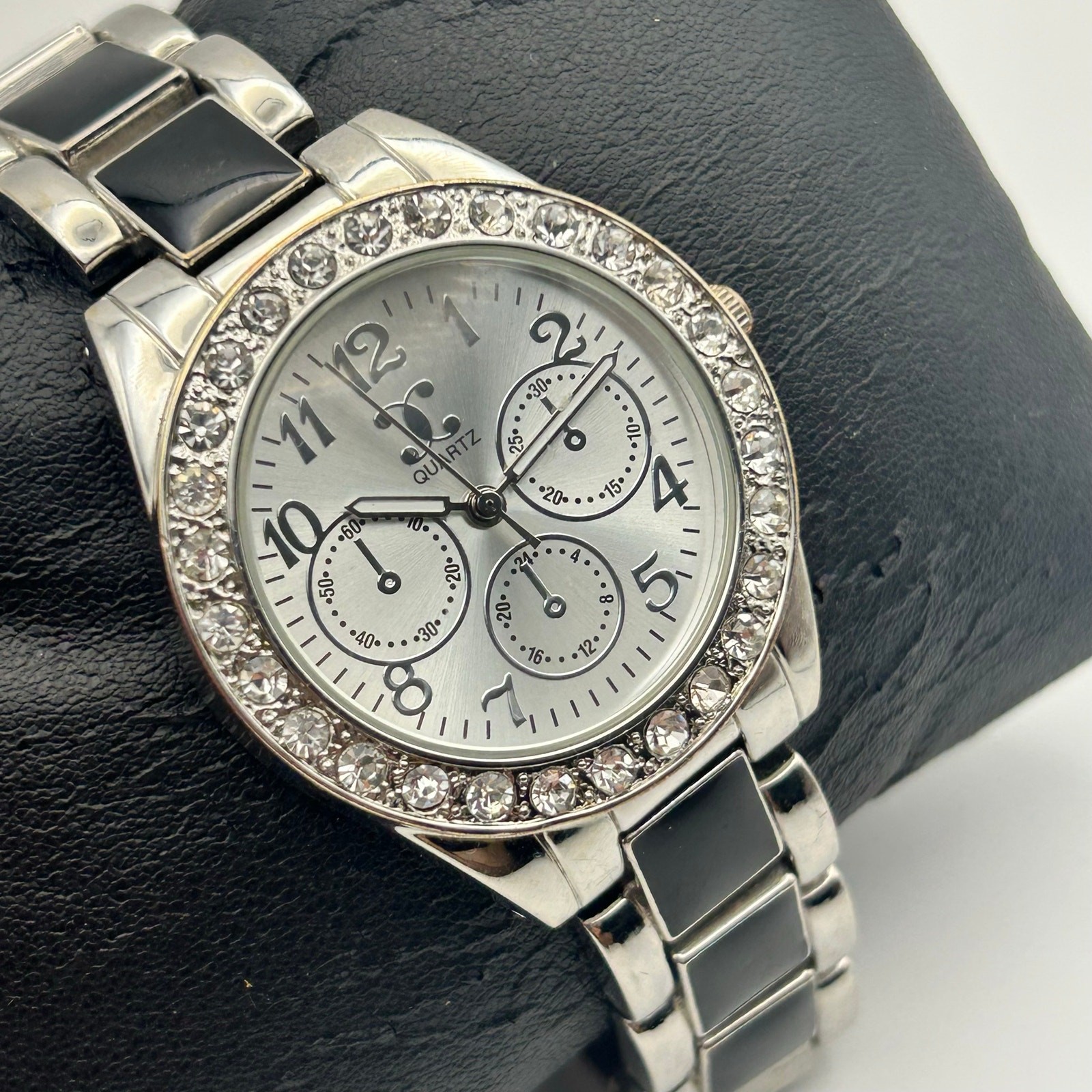 Charming Charlie Silver and Black Crystal Bezel Watch Working New Battery image 3