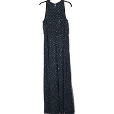 Adrianna Papell Floor Length Art Deco Blouson Halter Beaded Dress Size 16 Navy