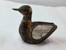 Vtg Wood Handcarved Duck w/Brass & Pearl Decorative Inlays. Charles Marcak Piece