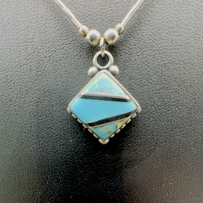 Navajo TED OTT Sterling Silver 925 Opal & Turquoise Inlaid Pendant Necklace 18 