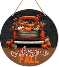 Fall Welcome Sign for Front Door, Fall round Hanging Sign Decor Truck Autumn Pum