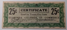 Clarinda, Iowa IA Clarinda Chamber of Commerce Certificate 25c Depression Scrip