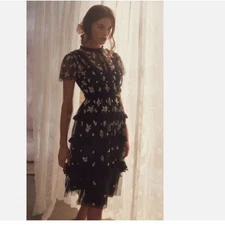 NEW Needle & Thread Sz US 6 Monochrome Ditsy Embroidered Midi Dress Graphite 