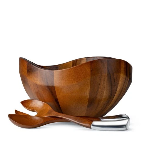 Nambé Billow Salad Bowl with Servers – 12" x 6.5" - Acacia Wood & Alloy