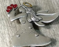 PEWTER ANGEL, GLORIA DUCHIN ORNAMENT Or CLIP ENAMEL RED HEARTS LOVE 2003
