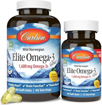 Carlson Elite Omega-3 Gems 1600 mg Fish Oil  90 + 30 Lemon flavor Damaged bottle