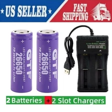 2pc 26650 3.7V Lithium Li-ion Rechargeable Battery Batteries LOT + 2Slot Charger