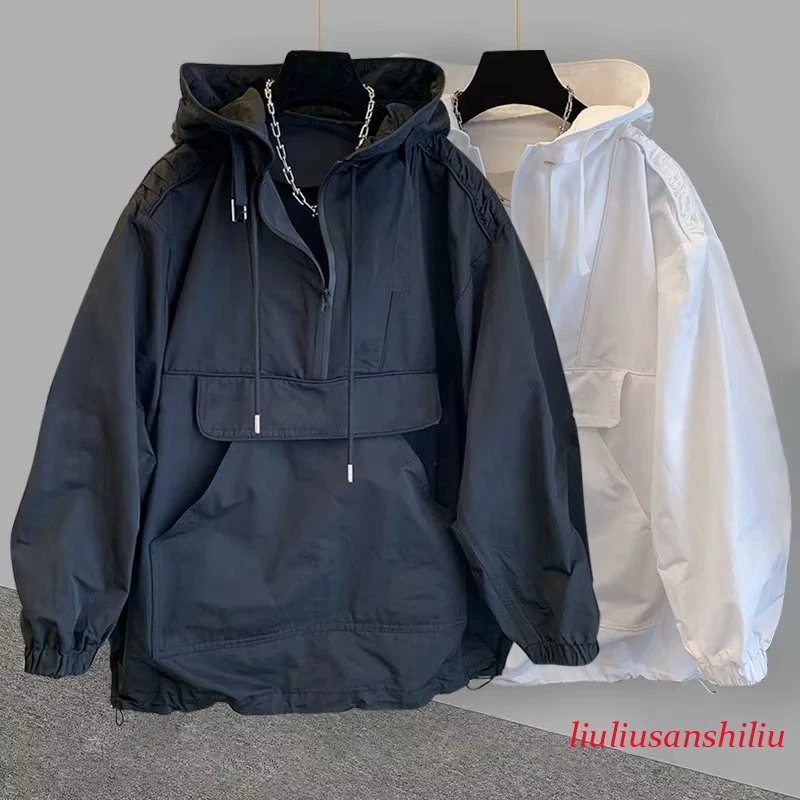 Men Casual Anorak Hooded Windbreaker Plain Pullover Waterproof Two Tone Hoodie