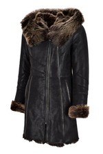 Mujeres Toscana Negro Invierno Abrigo Largo Con Capucha Piel de Oveja Piel de Oveja Chaqueta K-11211