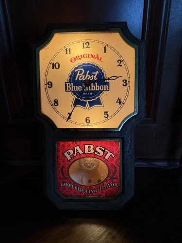 VTG. PABST BLUE RIBBON PBR BEER SIGN LIGHT & CLOCK W/ MOTION! WOOD GRAIN CABINET