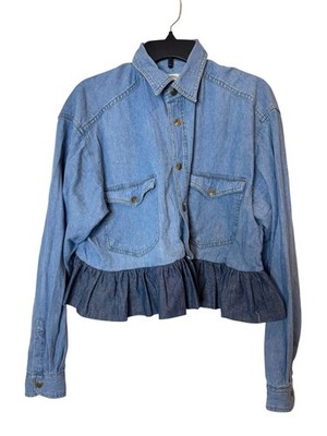Vintage McNeal Denim Jacket Womens Medium Blue Ruffle Hem Cropped Western 90s