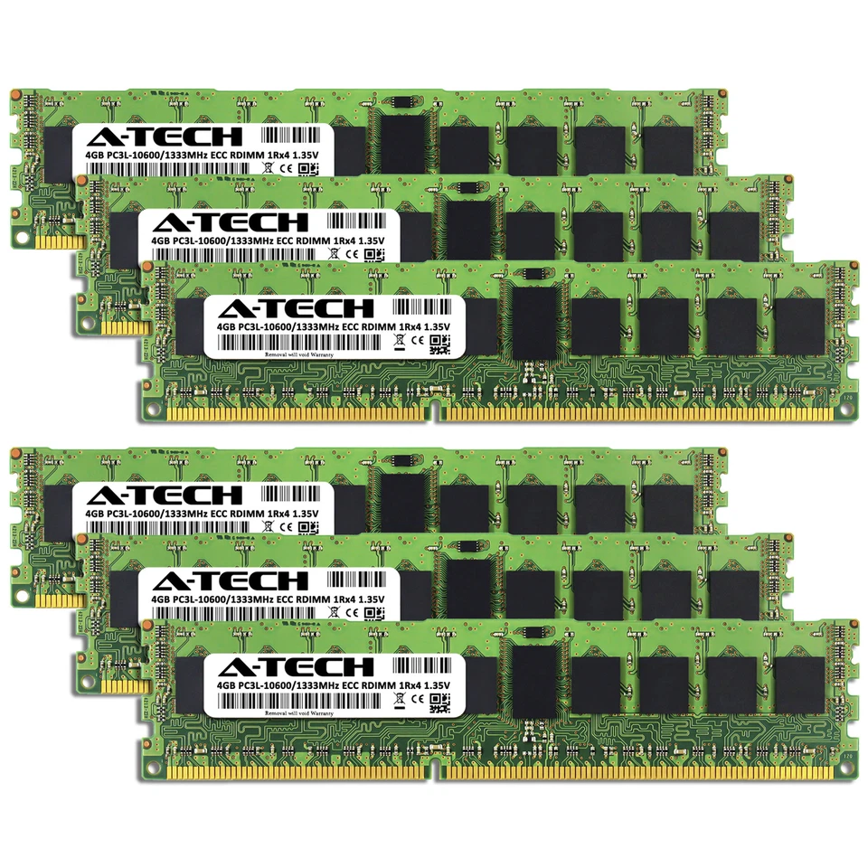 A-Tech 24GB 6x 4GB 1Rx4 PC3-10600R DDR3 1333 LV ECC RDIMM REG Server Memory RAM - Image 2 of 4