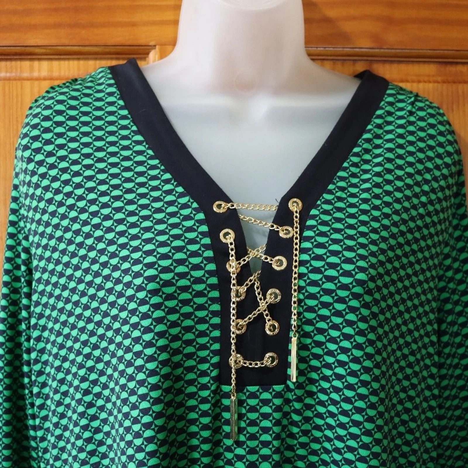 Abito corsetto Michael Michael Kors verde geometrico Y2K catena oro 12