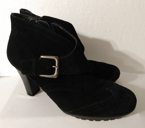 Aerosoles Sz 8 1/2 M, Mentor Black Suede Ankle Booties Silver Buckle Block Heel
