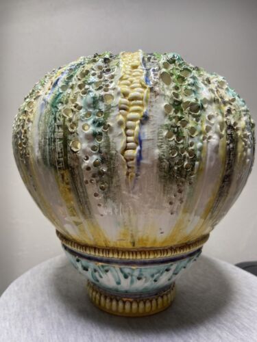 Maiolica ungherese #3000 mais traforato policromo ANTICO grande VASO 9" x 8,5" - Foto 3 di 12