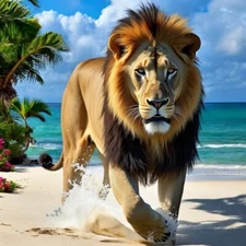 Angry Lion On The Beach Digital Image Picture Photo Wallpaper Background AI ART