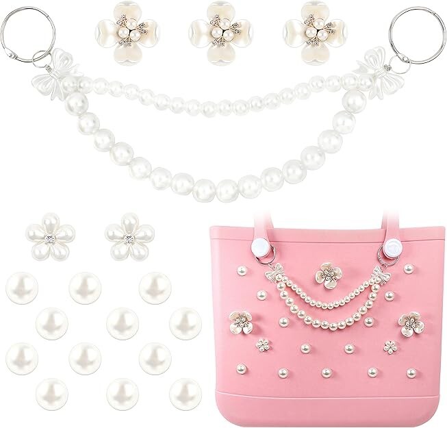 18-Piece Bogg Bag Accessories Set - Pearls, Flowers, Bow & Chain Charms