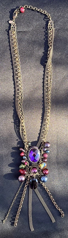 Chico’s Necklace & Earrings Set Long Purple Jewel Toned Beaded Tassel STUNNING - Image 3 of 4