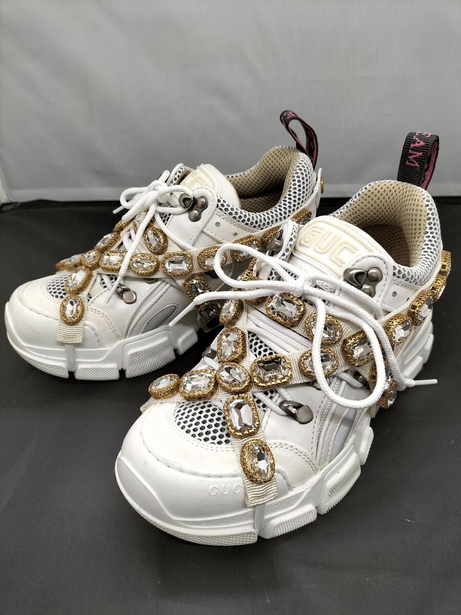 GUCCI GGZ50 Flashtrek Sneakers Women's Shoes White Gold Size GUCCI GGZ50 Flashtrek Sneakers Women's Shoes White Gold Size