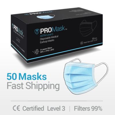 50 PROMask ASTM Level 3 Medical Surgical Dental Disposable 3-Ply Ear-Loop Masks