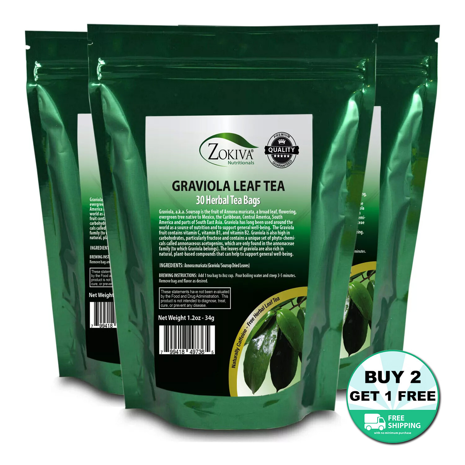 Bags 3-pack (90) 100% Pure Leaf Soursop - Annona Muricata - 